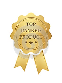 Gold seal with ribbons for top ranked product, medal for best quality, award for first place winners