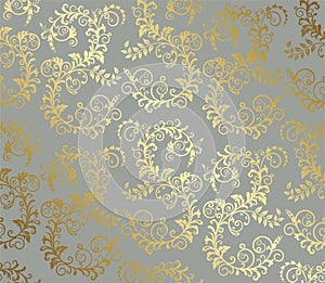 Gold seamless foliage pattern on grey background