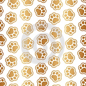 Gold seamless pattern. Pet prints. Paw texture. Cute background for pets, dog or cat. Abstract golden patterns. Repeated modern st