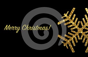 Gold seamless snowflake border isolated on black background, Christmas design. Vector illustration, merry xmas glitter flake