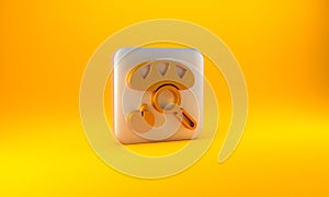 Gold Searching for food icon isolated on yellow background. Homelessness and poverty concept. Silver square button. 3D