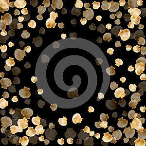 Gold seashells vector background, golden pearl bivalved mollusks.