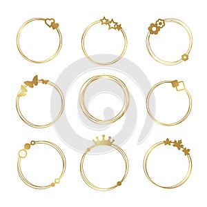 Gold set of vector graphic circle frames. Wreaths for design, logo template.