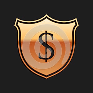 Gold Shield and dollar icon isolated on black background. Security shield protection. Money security concept. Long