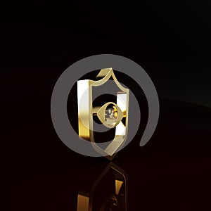 Gold Shield eye scan icon isolated on brown background. Scanning eye. Security check symbol. Cyber eye sign. Minimalism