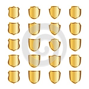 Gold shield shape icons set. 3D golden emblem signs isolated on white background. Symbol of security, power, protection