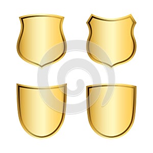 Gold shield shape icons set. 3D golden emblem signs isolated on white background. Symbol of security, power, protection