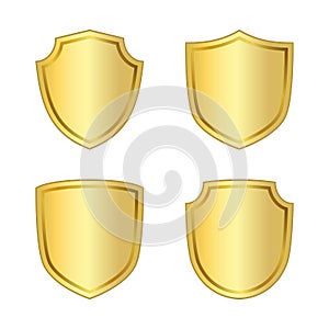 Gold shield shape icons set. 3D golden emblem signs isolated on white background. Symbol of security, power, protection