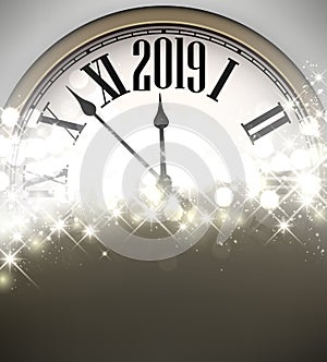 Gold shiny 2019 New Year background with clock.