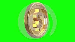 A gold shiny coin with a dollar sign rotates 360 degrees on a green background. 3D animation of a spinning dollar gold coin.