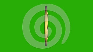 Gold shiny coin with a dollar sign rotates on its axis on a green background. 3D animation of a 360 degrees spinning gold dollar