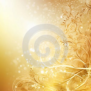 Gold shiny floral background, swirling flowers and ornaments on a yellow orange gold background