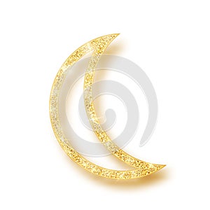 Gold shiny glitter glowing half moon with shadow isolated on white background. Crescent Islamic for Ramadan Kareem design element