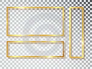 Gold shiny glowing frames set with shadows isolated on transparent background. Pack of luxury realistic square