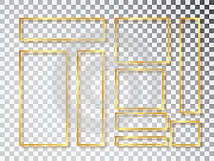 Gold shiny glowing frames set with shadows isolated on transparent background. Pack of luxury realistic square