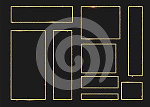 Gold shiny glowing frames set with shadows isolated on transparent background. Pack of luxury realistic square, round