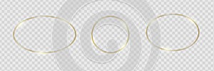 Gold shiny glowing frames set with shadows isolated on transparent background. Pack of luxury round, oval borders. Vector