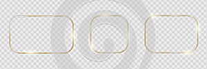 Gold shiny glowing frames set with shadows isolated on transparent background. Pack of luxury round, oval borders. Vector