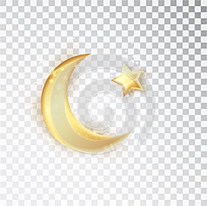 Gold shiny glowing half moon with star isolated on white background. Crescent Islamic for Ramadan Kareem design element