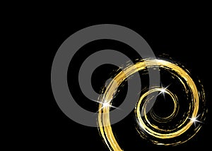 Gold shiny glowing vintage frame with golden brush strokes isolated or black background. Gold leaf luxury realistic spiral border