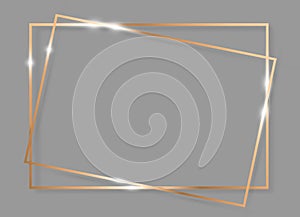 Gold shiny glowing vintage frame with shadows isolated on grey background. Golden luxury realistic rectangle border