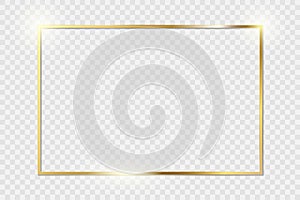 Gold shiny glowing vintage frame with shadows isolated on transparent background. Golden luxury realistic rectangle border. PNG