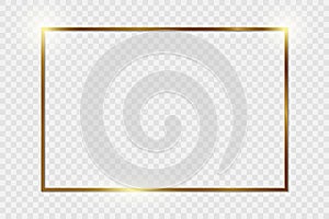 Gold shiny glowing vintage frame with shadows isolated on transparent background. Golden luxury realistic rectangle border. PNG