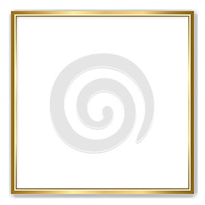 Gold shiny glowing vintage frame with shadows isolated transparent background. Golden luxury realistic rectangle border. Vector