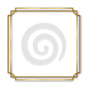 Gold shiny glowing vintage frame with shadows isolated transparent background. Golden luxury realistic rectangle border. Vector