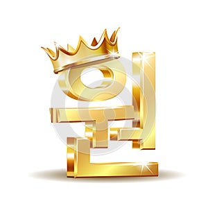 Gold shiny Korean won local symbol with golden crown, currency sign isolated on white