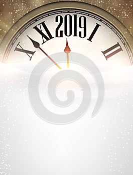Gold 2019 New Year background with clock. Greeting card.