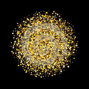 Gold shiny particles shape. Sparkling background. Stardust explosion on black background. Vector festive illustration.