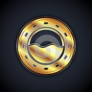 Gold Ship porthole with rivets and seascape outside icon isolated on black background. Vector