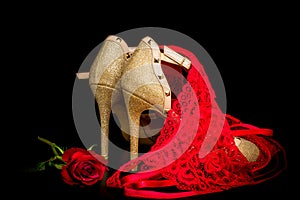 Gold shoes on black background with red rose and red knickers