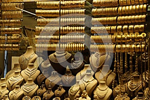 gold shop windows at istanbul grand bazar or Kapali Carsi, Turkey. Jewelry in the store window. A lot of luxury jewelry in the