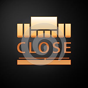 Gold Shopping building or market store and text closed icon isolated on black background. Shop construction. Vector