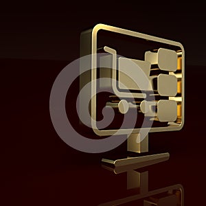 Gold Shopping cart on screen computer icon isolated on brown background. Concept e-commerce, e-business, online business