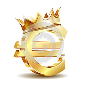 Gold sign euro currency with golden crown. Vector illustration isolated on white