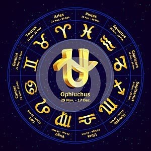 Gold sign of Zodiac Ophiuchus in circle.