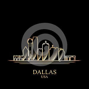 Gold silhouette of Dallas on black background