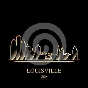 Gold silhouette of Louisville on black background