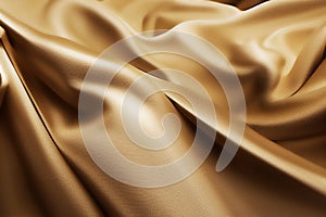 Gold silk satin fabric background. Wavy soft folds of golden fabric. Shiny fabric surface