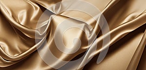 Gold silk satin fabric background. Wavy soft folds of golden fabric. Shiny fabric surface