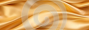 Gold silk satin. Soft folds. Fabric. Gold luxury background. Space for design.Wavy lines.Banner. Wide.Long. Flat lay, top view