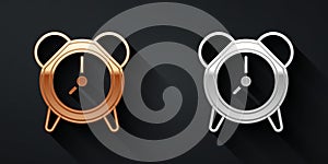 Gold and silver Alarm clock icon isolated on black background. Wake up, get up concept. Time sign. Long shadow style