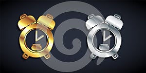 Gold and silver Alarm clock icon isolated on black background. Wake up, get up concept. Time sign. Long shadow style