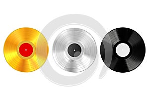 Gold, Silver amd Plastic Vinyl Record with Blank Labels. 3d Rendering