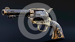 Gold and Silver antique metal Steampunk revolver with luxury patterns. revolver isolated on texture background.