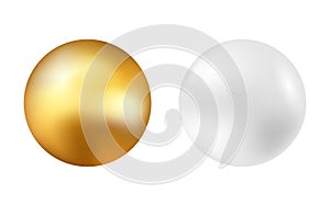 Gold and silver ball. Golden and white spheres on light background. Metal ball or pearl. Realistic 3d circle with shine