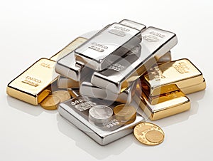 Gold And Silver Bars With Coins On White Background